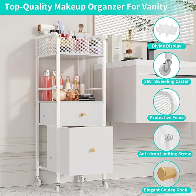 HapiRm Rolling Makeup Cart Organizer - Floor Skincare Make Up Storage with 2 Non-woven Fabric Drawers, Vanity Organizer Cosmetic Display Cases Holder for Skin Care Perfume Nail Polish Brush Hair Tool