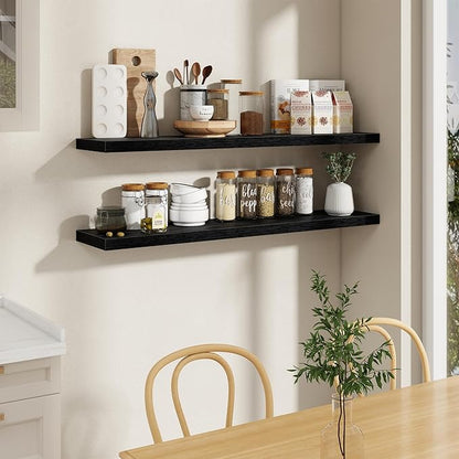 55 Inch Long Floating Shelves for Wall Set of 2, 55x9.3 Large Floating Shelf for Bedroom, Kitchen, Bathroom, Wall Mounted Rustic Wood Shelves with Invisible Bracket for Books, Decor, Black