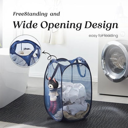 TECHMILLY Collapsible Mesh Pop Up Laundry Hamper with Sturdy Handles and Side Pocket - Portable Foldable Clothes Baskets for Dorm, Bathroom & Travel Storage (Blue, 2 Packs)