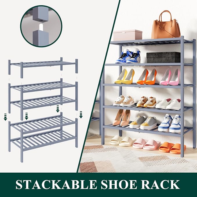 Smiry Bamboo Shoe Rack, 4 Tier Free Standing Wooden Shoe Organizer, Stackable Wood Shoe Storage Shelf for Closet, Entryway, 14 Vertical Slats, 2+2 Stack Heavy-Duty Legs, 26.8"x11"x26", Grey
