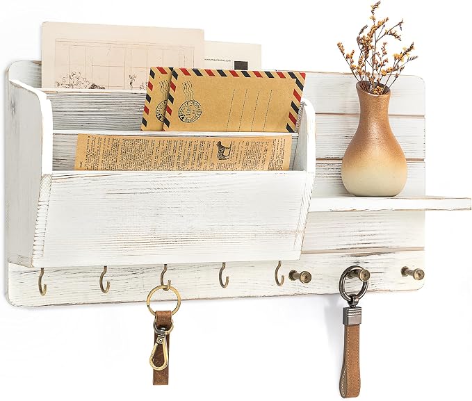 Rebee Vision Pine Wood Key Holder Wall Mount for Home Decor– Farmhouse Key Holder for Wall with Mail Slot & Shelf for Mail & Accessories – Charm & Practical Storage for Apartment Essentials(Whitewash)