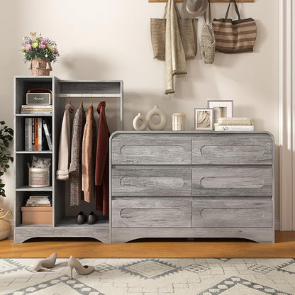 Dresser with Clothes Hanging Rack, Pre-Installed Slides for Fast Installation, 3-in-1 Wardrobe Closet with Drawers and Shoe Shelves, Modern Wood Storage Armoire for Bedroom, Grey