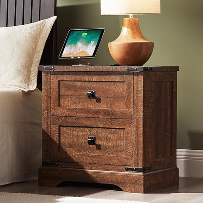 T4TREAM 24" Farmhouse Nightstand with Charging Station Set of 2, Large End Table with 2 Storage Drawers, Rustic Wood Sofa Bedside Table for Bedroom, Reclaimed Barnwood Color
