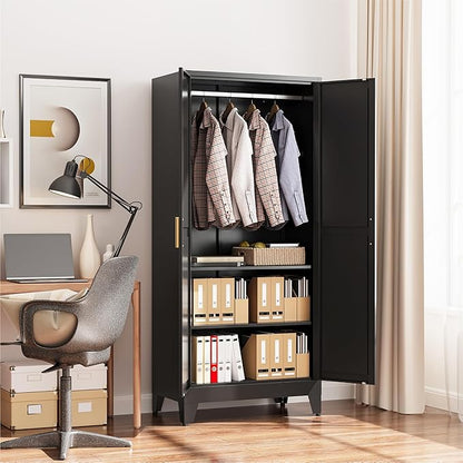 COFaR Black Metal Wardrobe Closet 2-in-1 Design, 71" Freestanding Armoire with Adjustable Hanging Rod & Shelves, Convertible Storage/Hanging Cabinet for Bedroom