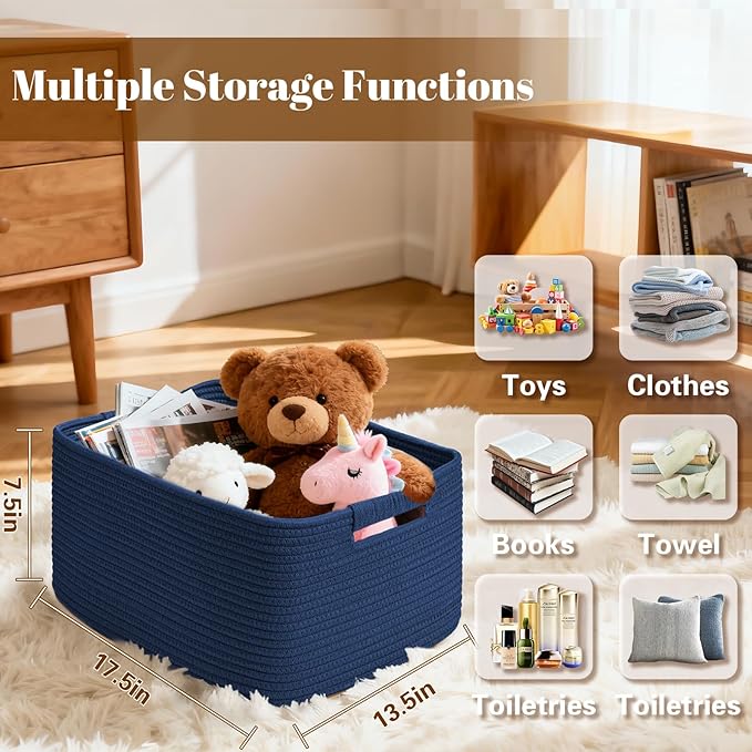 3 Pack Large Storage Basket for Organizing, 17.5"x13.5"x7.5" Woven Basket for Shelves, Closet Cube Storage Bins with Wrapped Handle, Cotton Rope Baskets for Kitchen, Clothes, Toys(Navy Blue)