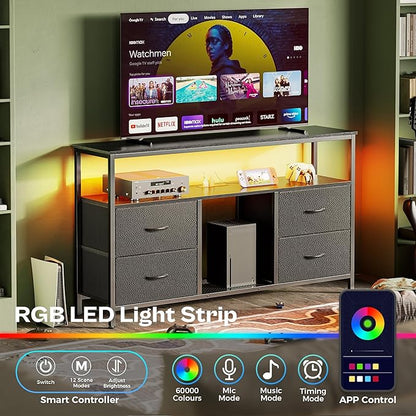 Huuger 47 Inch TV Stand Dresser with Power Outlets and LED Lights, Fabric Dresser for Bedroom with Storage, 4 Drawers Entertainment Center with Open Shelf, Media Console for 55 50 Inch TV, Black