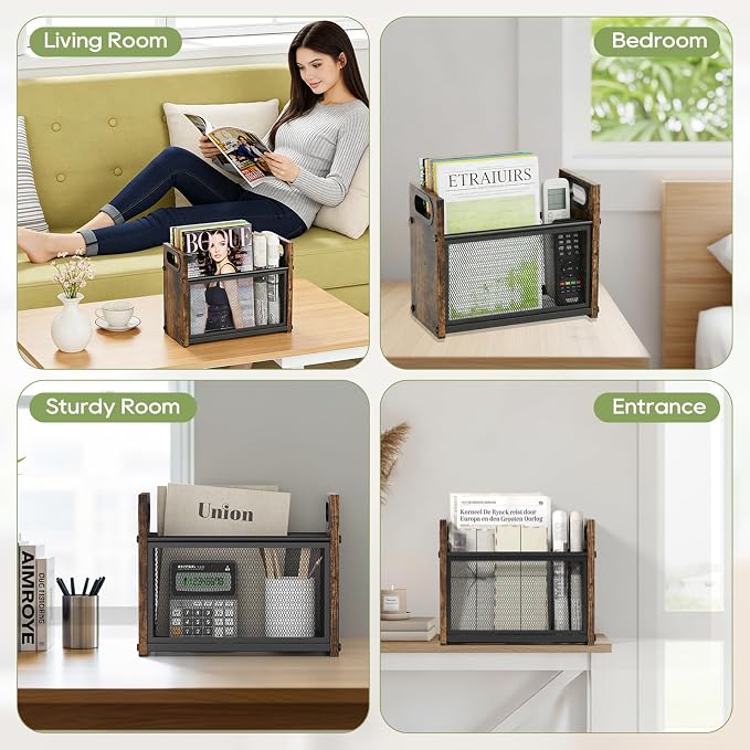 Magazine Rack & Holder, Mesh Magazine Rack Floor, Multi-Purpose Storage Organizer for Magazines, Books, Newspapers, Mail, Tablets | Magazines Storage Basket for Home, Office, Bathroom, Vintage Brown