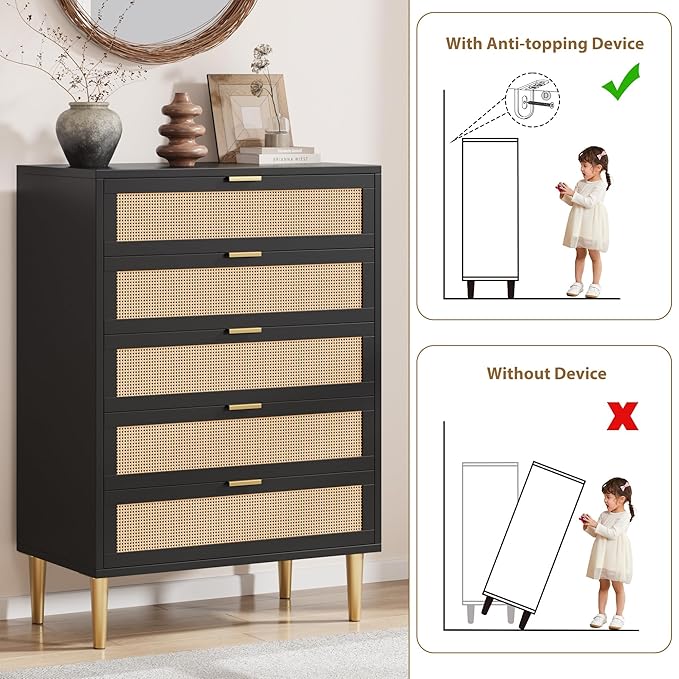 IDEALHOUSE Rattan 5 Drawer Dresser, 44'' Tall Narrow Chest of Drawer, Farmhouse Wooden Vertical Dresser with Metal Legs and Handles, Modern Cabinet for Bedroom, Living Room, Black