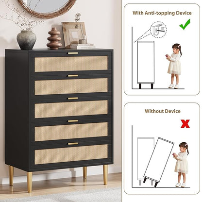 IDEALHOUSE Rattan 5 Drawer Dresser, 44'' Tall Narrow Chest of Drawer, Farmhouse Wooden Vertical Dresser with Metal Legs and Handles, Modern Cabinet for Bedroom, Living Room, Black