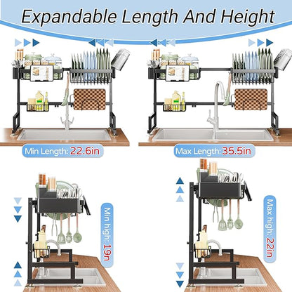 ADBIU Over The Sink Dish Drying Rack (Expandable Height and Length) Snap-On Design 2 Tier Large Dish Rack