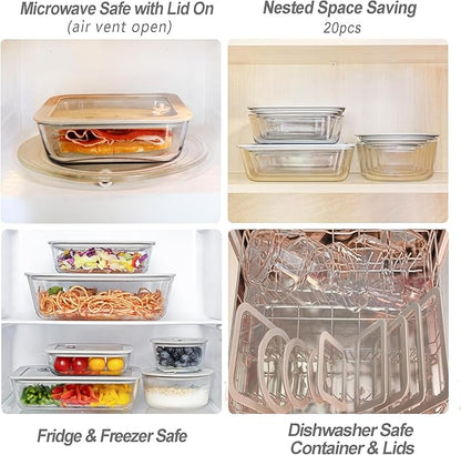 Glass Food Containers with Glass Lid, Microwave Safe Food Storage Container Set, 2 Pack of 48oz, Large Size Meal Prep Storage Set with Airtight Leak Proof Lid.