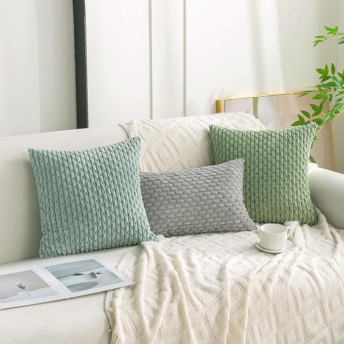 Set of 4 Sage Green Decorative Throw Pillow Covers 24x24 Inch Corduroy Pillow Covers for Bed Couch Sofa Living Room Soft Square Cushion Cases