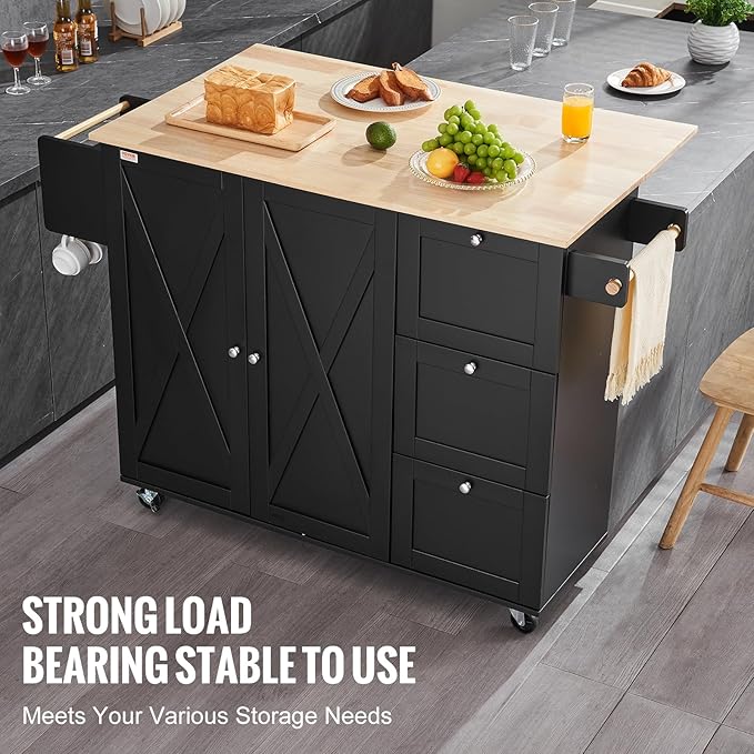 VEVOR Kitchen Island Cart, Rolling Table with Drop Leaf, Spice Rack, Towel Bar, Adjustable Shelf, Drawer, and Hooks, Mobile Island on Wheels, Mobile Carts with Storage Cabinet, 45.3" Wood Top, Black