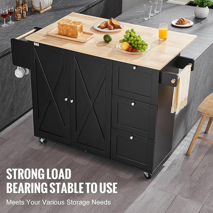 VEVOR Kitchen Island Cart, Rolling Table with Drop Leaf, Spice Rack, Towel Bar, Adjustable Shelf, Drawer, and Hooks, Mobile Island on Wheels, Mobile Carts with Storage Cabinet, 45.3" Wood Top, Black