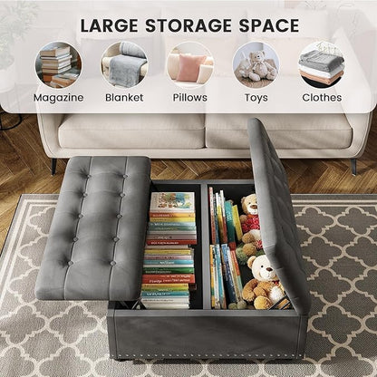 FUXA 35 Inch Large Square Ottoman with Storage, Oversized Ottoman Coffee Table with Lift Top and Wood Legs, Tufted Upholstered Storage Ottoman Bench for Living Room (Gray)