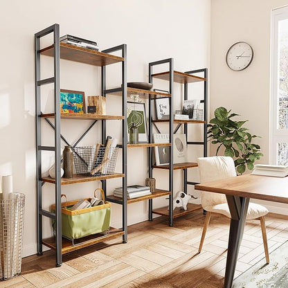 SUPERJARE Triple Bookshelf, Bookcase with 11 Open Display Shelves, Wide Book Shelf Book Case for Home & Office, 4 Tier, Rustic Brown