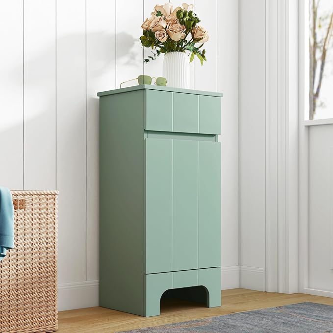 Small Bathroom Cabinet with Adjustable Shelves, Drawer, Anti-Tip Design, 14.96" L x 11.81" W x 32.09" H, Durable MDF for Bathroom, Kitchen, Laundry Storage, Soft-Close Door