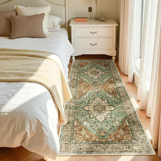 RELEANY Area Rugs Runner 3'x7' Washable Non-Slip, Floral Vintage Distress Medallion Carpet for Kitchen Hallway Bedroom Beside Laundry Room Bathroom, Terracotta Burnt Orange Green