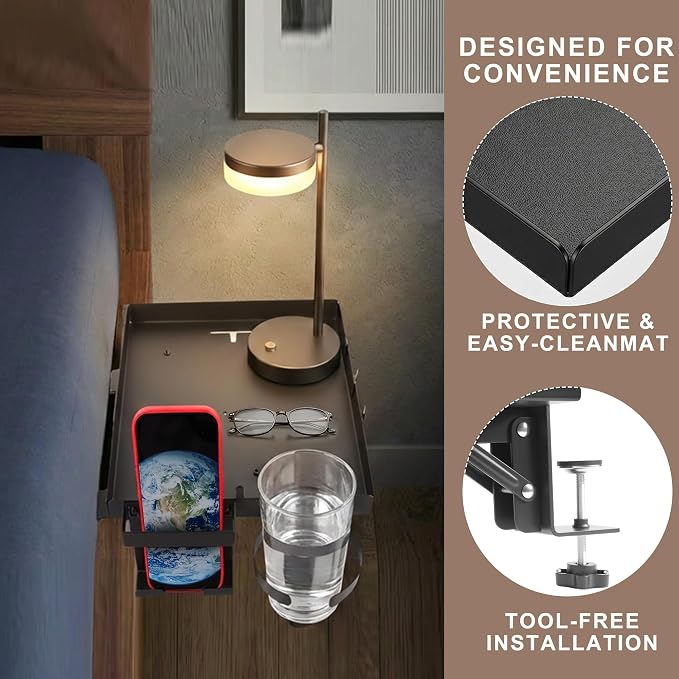 Foldable Bedside Shelf, Metal Clip On Bunk Bed Shelf for Top Bunk Heavy Duty Bed Side Table Tray for University Dorm Essentials, Loft Nightstand Organizer Tray with Removable Cup and Phone Holder