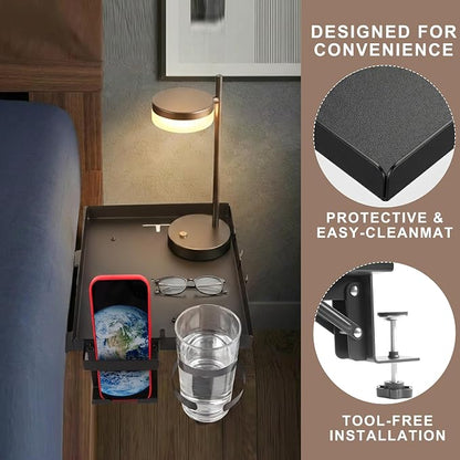 Foldable Bedside Shelf, Metal Clip On Bunk Bed Shelf for Top Bunk Heavy Duty Bed Side Table Tray for University Dorm Essentials, Loft Nightstand Organizer Tray with Removable Cup and Phone Holder