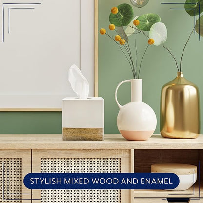 AuldHome Design Square Tissue Box Cover (Enamel/Mango Wood); Minimalist Scandinavian Decor White Cube Tissue Holder