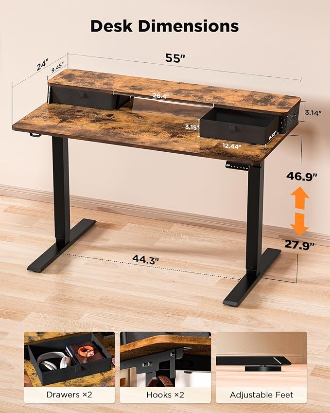 FiCiHi Standing Desk with Drawers,C-Clamp Mount Compatible, 55x24 Inch Electric Adjustable Height Computer Stand Up Desks, Home Office Sit Stand Table with 3 Preset Heights & Hooks, Rustic Brown