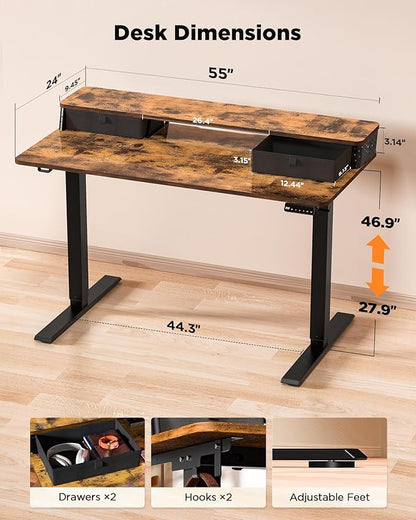 FiCiHi Standing Desk with Drawers,C-Clamp Mount Compatible, 55x24 Inch Electric Adjustable Height Computer Stand Up Desks, Home Office Sit Stand Table with 3 Preset Heights & Hooks, Rustic Brown