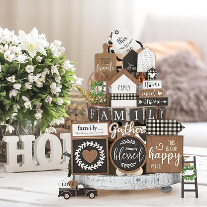 Yaomiao 21 Pcs Farmhouse Tiered Tray Decor Set Rustic Farmhouse Wood Decor Sign Vintage Rustic Family Gather Blessed Tiered Tray This is Our Happy Place Sign for Home Kitchen Table Shelf (Classic)