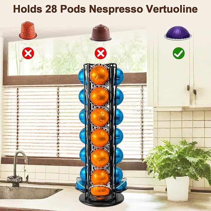 Vertuo Pod Holder Organizer for Nespresso, Holds 28 Pods, Lazy Susan Platform- Pinano Black, Ideal for Small Kitchens, Coffee Bars,Office break rooms- ONLY for Any VertuoLine Setup