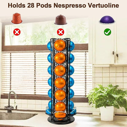 Vertuo Pod Holder Organizer for Nespresso, Holds 28 Pods, Lazy Susan Platform- Pinano Black, Ideal for Small Kitchens, Coffee Bars,Office break rooms- ONLY for Any VertuoLine Setup