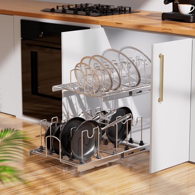 2-Tier Kitchen Pull out Cabinet Organizer for Pots, Pans, and Lid Cookware, Adjustable Heavy Duty Wire Pan and Pot Rack, Full-Extension Rail 15" W *22" D
