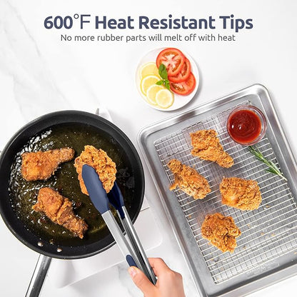 600ºF Heat Resistant Kitchen Tongs: U-Taste 7/9/12 inch Silicone Cooking Tong Set with Non Stick Rubber Tips and Silicon Coated 18/8 Stainless Steel Handle for Serving Grilling Salad(Midnight Blue)