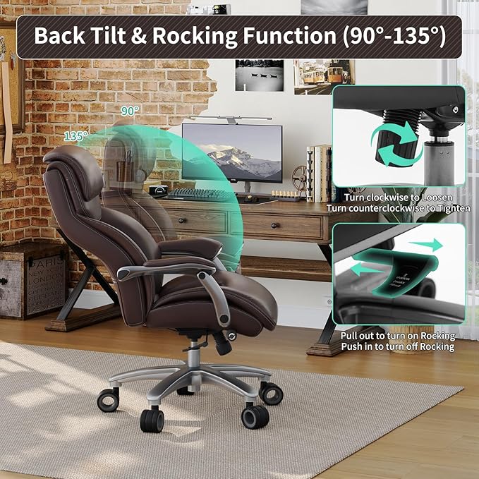 Big and Tall Office Chair with Wide Area Armrest, 600lbs Heavy Duty Desk Chair with Adjustable Lumbar Support, PU Leather High Back Ergonomic Executive Computer Chair with 3'' Silent Casters