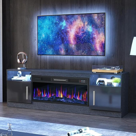 PRETZI Fireplace TV Stand with 36" Fireplace Up to 80" TVs, 70" Entertainment Center with LED Lights, Remote Control, TV Media Console with Storage Cabinets for Living Room, Black