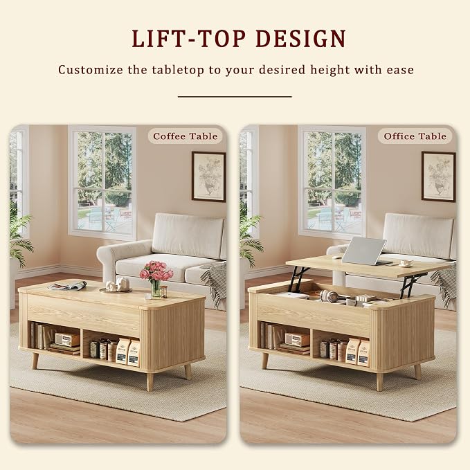 Lift Top Coffee Table with Storage, 41" Mid Century Modern Coffee Table with Fluted & Curved Profile Design, Hidden Storage Compartment, Lower Shelf Center Table for Living Room Office, Oak