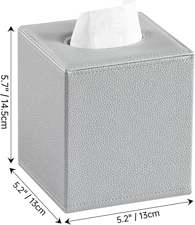 JLAMBOM PU Leather Tissue Box Cover Square Tissue Box Holder with Magnetic Closure, Decorative Tissue Holder for Bathroom Bedroom Office (Silver)