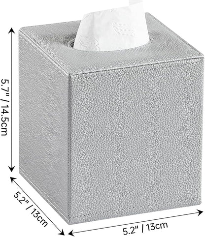 JLAMBOM PU Leather Tissue Box Cover Square Tissue Box Holder with Magnetic Closure, Decorative Tissue Holder for Bathroom Bedroom Office (Silver)