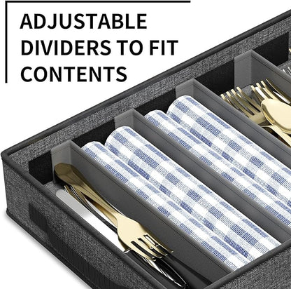Aokeyee 2 Pack Silverware Storage Box, Sturdy Flatware & Utensil Storage Case with Adjustable Dividers, 5 Compartment Silverware Organizer with Lid and Handle for Utensil, Flatware, Knives, Gray
