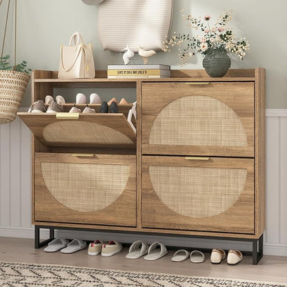 Maupvit Large Rattan Shoe Storage Cabinet with 4 Flip Drawers, Freestanding Shoe Organizer with Metal Legs for Entryway, Hidden Golden Handles, Narrow Shoe Rack Cabinet, Rustic Oak Rattan