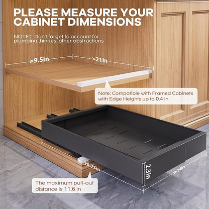 Seinloes 4 Pack Expandable (9"-14") Pull Out Cabinet Organizer 21" Deep With Raising Pad for Framed Cabinets,Upgrade 3 Slide Rails Slide Out Drawers,No Drill Roll Out Shelves Adhesive,Black