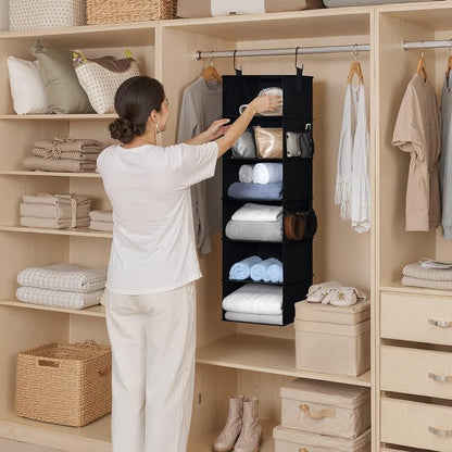 StorageWorks Hanging Closet Organizer, 6-Shelf Hanging Shelves with 2 Hooks, Foldable Space-Saving Design, Closet Organizers and Storage for Bedroom, Dorm, Locker, Black