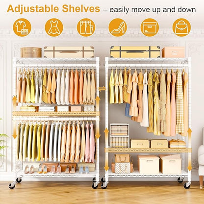 P5 Plus Rolling Clothes Rack Heavy Duty, Clothing Racks for Hanging Clothes, Metal Garment Rack with Wheels, 3-Tier Portable Closet Rack 45'' W × 20.5'' D × 80.5'' H, Max Load 660 Lbs, White