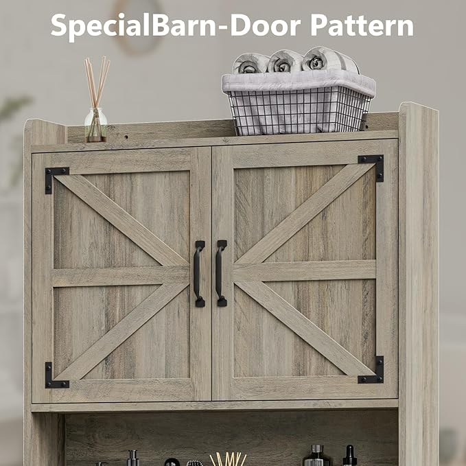 Vabches Over The Toilet Storage Cabinet, Farmhouse Storage Cabinet Over Toilet with 2 Barn Door & Toilet Paper Holder Stand，Home Space-Saving Toilet Rack, for Bathroom, Restroom, Laundry