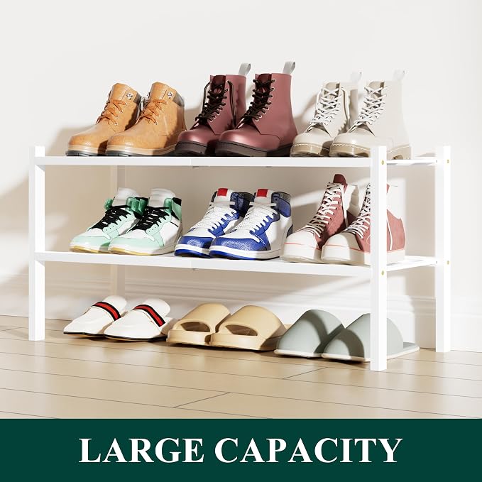 Smiry Bamboo Shoe Rack, 2 Tier Free Standing Wooden Shoe Organizer, Stackable Wood Shoe Storage Shelf for Closet, Entryway, 12 Vertical Slats, One-piece Standard Legs, 26.8"x11"x13", White