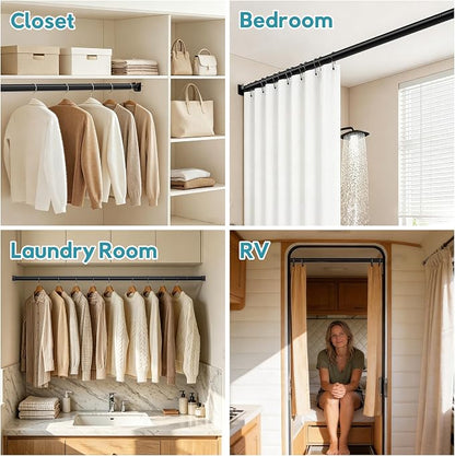 STARLATTA Heavy Duty Black Closet Rod: 17-84 Inch Stepless Adjustable Clothes Hanging Bar, 1.3" Diameter Metal Wardrobe Pole with Brackets, No-Cut, for Laundry & RV