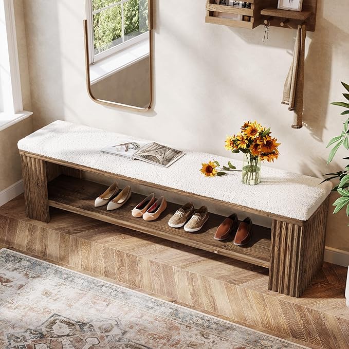 63" Solid Wood Entryway Bench, Farmhouse Upholstered End of Bed Bench with Removable Faux Lambswool Cushion and Fluted Legs, Indoor Long Ottoman for Bedroom, Entryway, Dark Brown