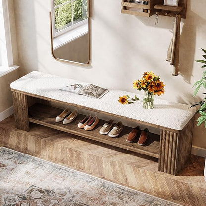 63" Solid Wood Entryway Bench, Farmhouse Upholstered End of Bed Bench with Removable Faux Lambswool Cushion and Fluted Legs, Indoor Long Ottoman for Bedroom, Entryway, Dark Brown