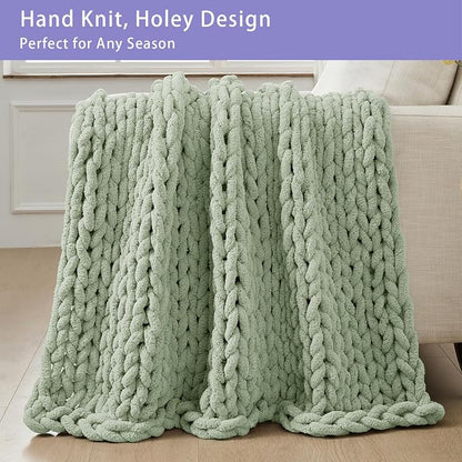 Bigacogo Chunky Knit Throw Blanket for Couch, 40x60 inches, 100% Hand Knitted with Thick Jumbo Chenille Yarn, Cozy Soft Large Rope Knot Cable Crochet Blankets for Sofa Bed Living Room, Sage Green