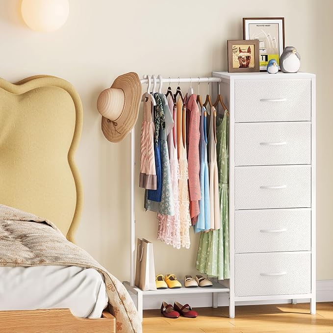 Snughome Dresser with Hanging Rack, Clothes Hanging Rack with 5 Drawers, White Dresser with Clothes Rack, Fabric Storage Chest of Drawers, Small Dresser for Bedroom, Apartments, Entryway Living Room