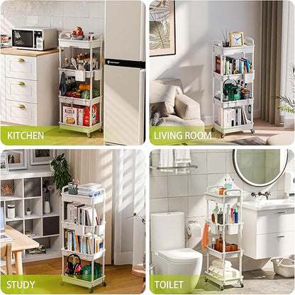 Sorgion 4 Tier Rolling Cart Organizer,Art Craft Diaper Bedside Snack Laundry Room Bathroom Organizer Narrow Thin Slim Rolling Trolley Utility Cart with Wheels for Kitchen,Office(White)
